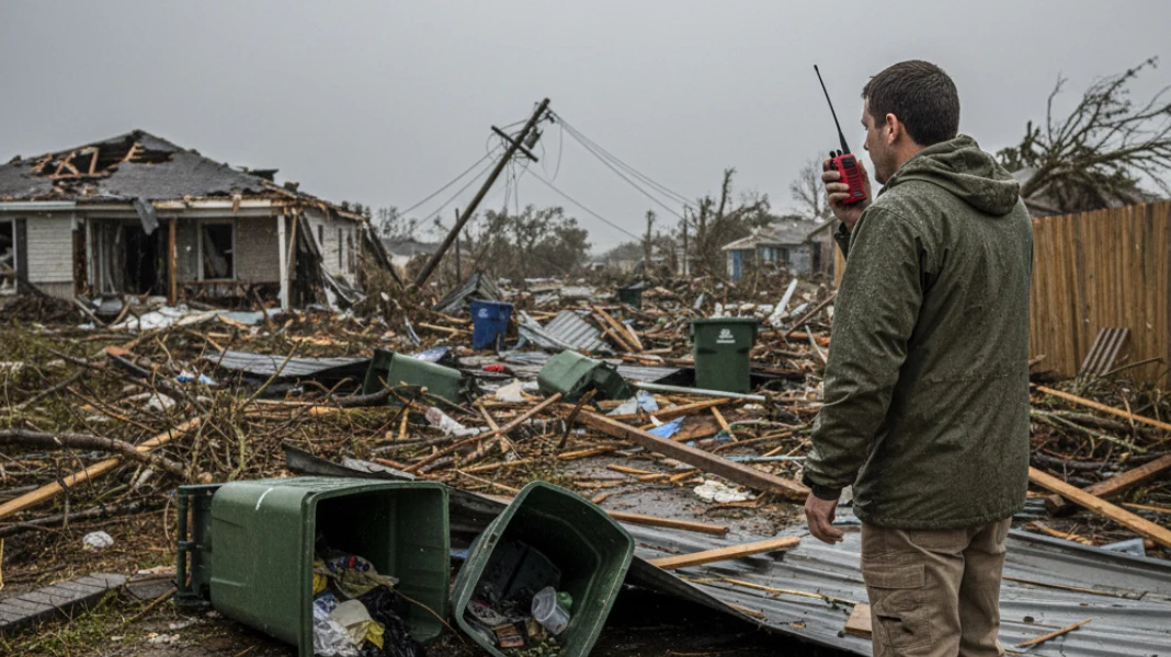 Person using red walkie talkie radio in completely destroyed hurricane neighborhood when cell towers are down