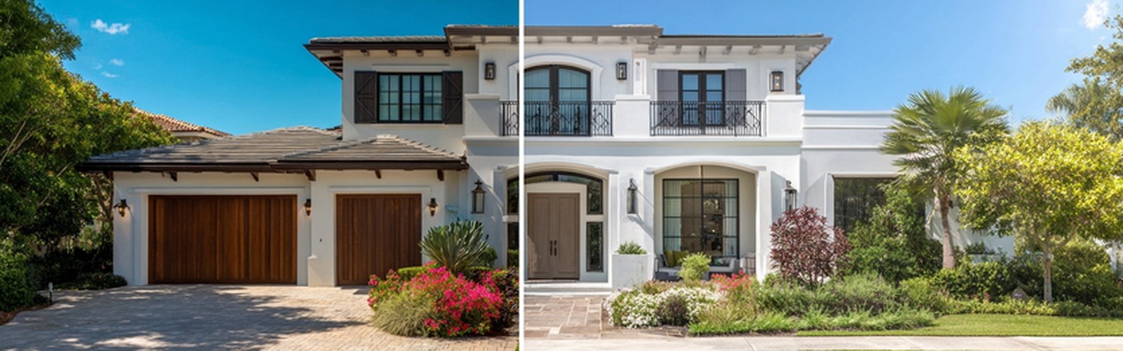 Split view of two Florida homes showing different hurricane protection options
