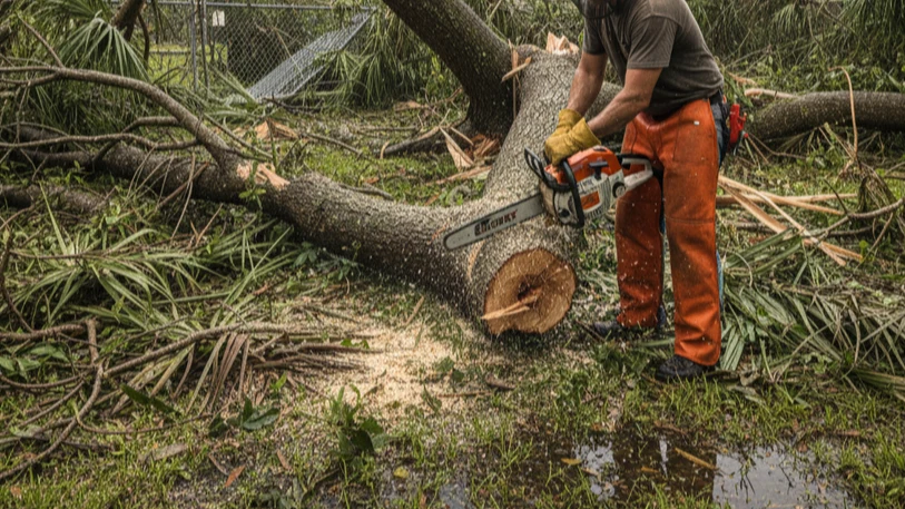 Tree worker in safety gear cutting hurricane-felled tree trunk in debris field