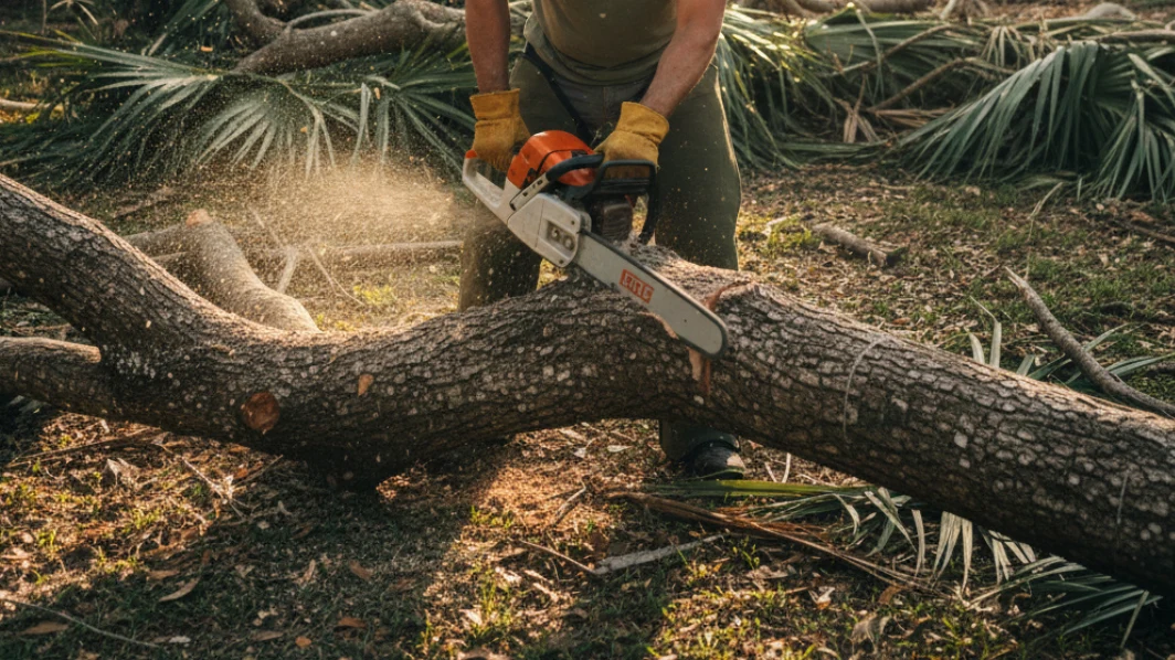 Homeowner with hard hat and gloves cutting fallen tree with chainsaw in Florida backyard