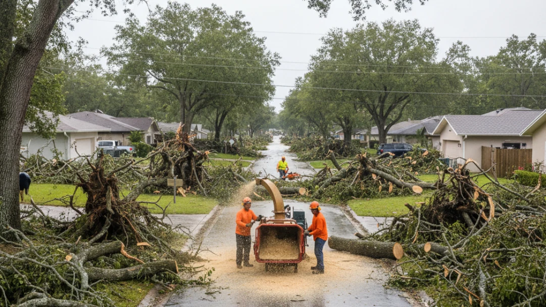 Tree removal crew operating wood chipper on debris-lined Florida street after major hurricane