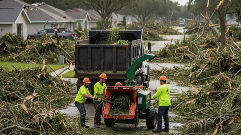 Tree crews chipping debris on storm-damaged Florida street after hurricane