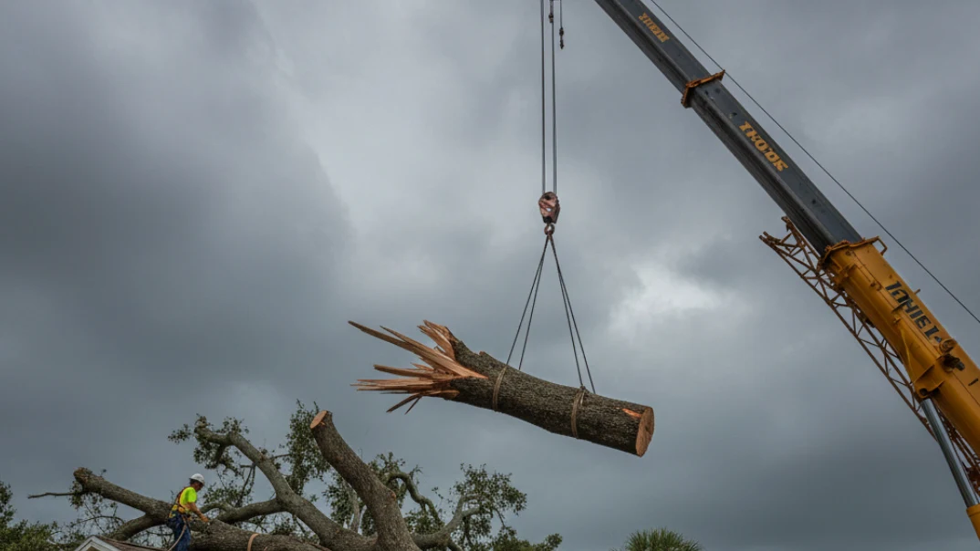 Professional tree removal crew with crane removing fallen tree from Florida home after hurricane