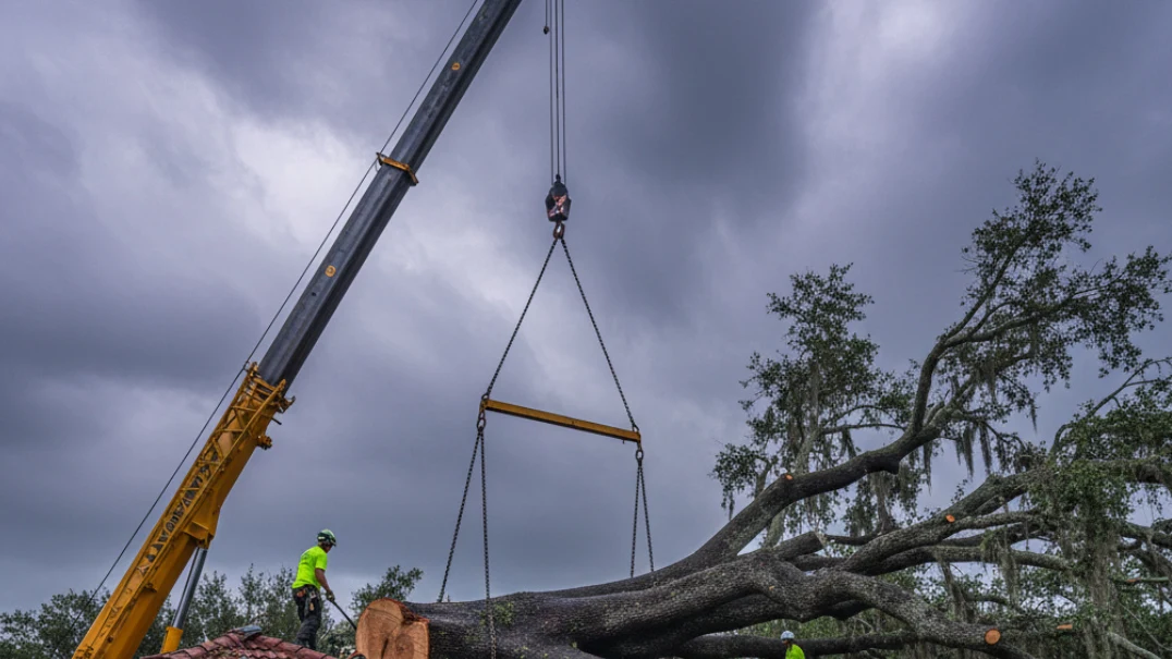 Professional tree removal crew using crane to lift massive oak from tile roof after hurricane