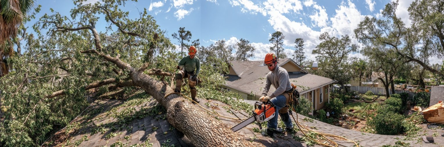 Arborist with chainsaw removing fallen tree from roof