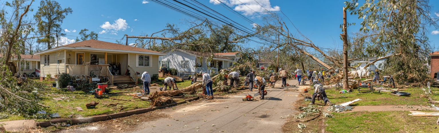 Community clearing fallen trees after hurricane with chainsaws