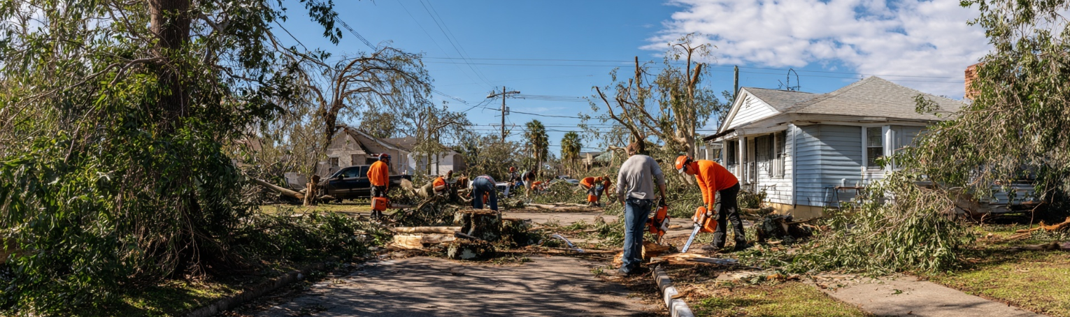 Professional tree crew in orange vests with chainsaws