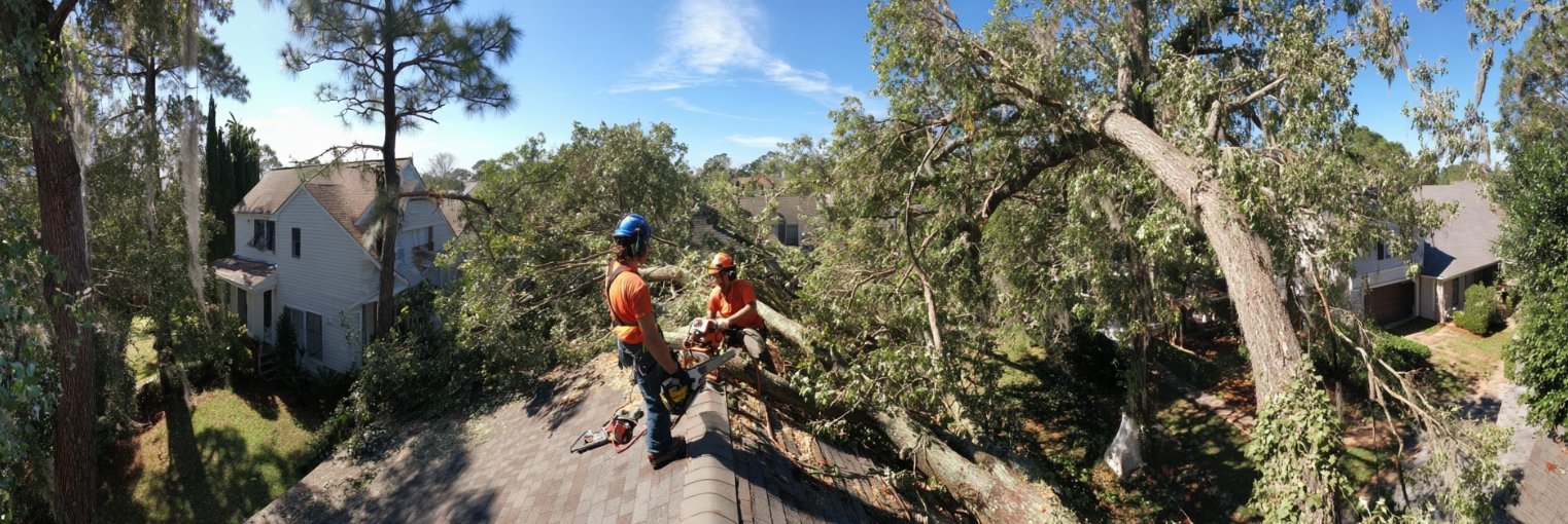 Professional tree removal crew on hurricane-damaged roof