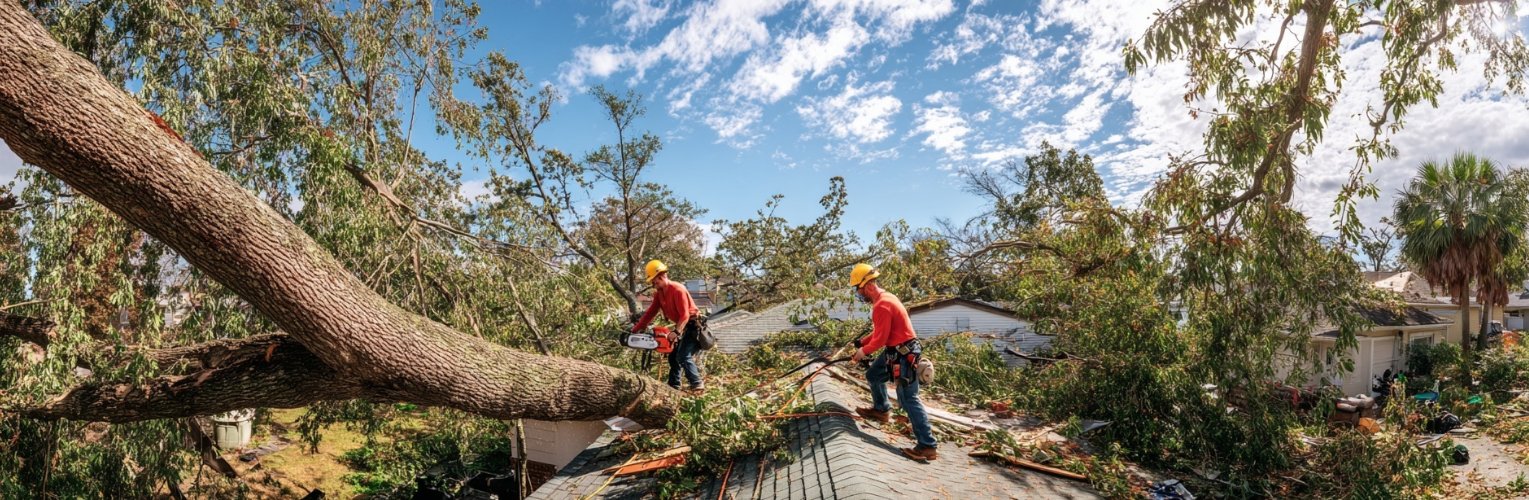 Storm debris on roof after hurricane tree fall