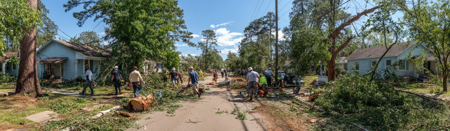 Tree removal crews clearing suburban street after hurricane