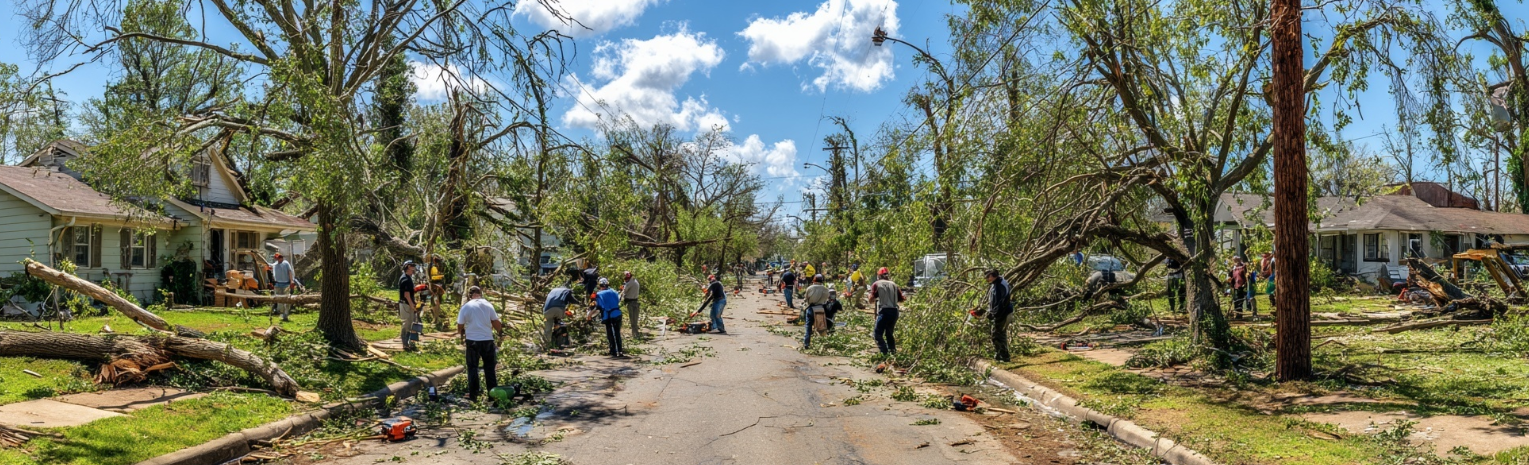 Entire street covered with fallen trees post-hurricane