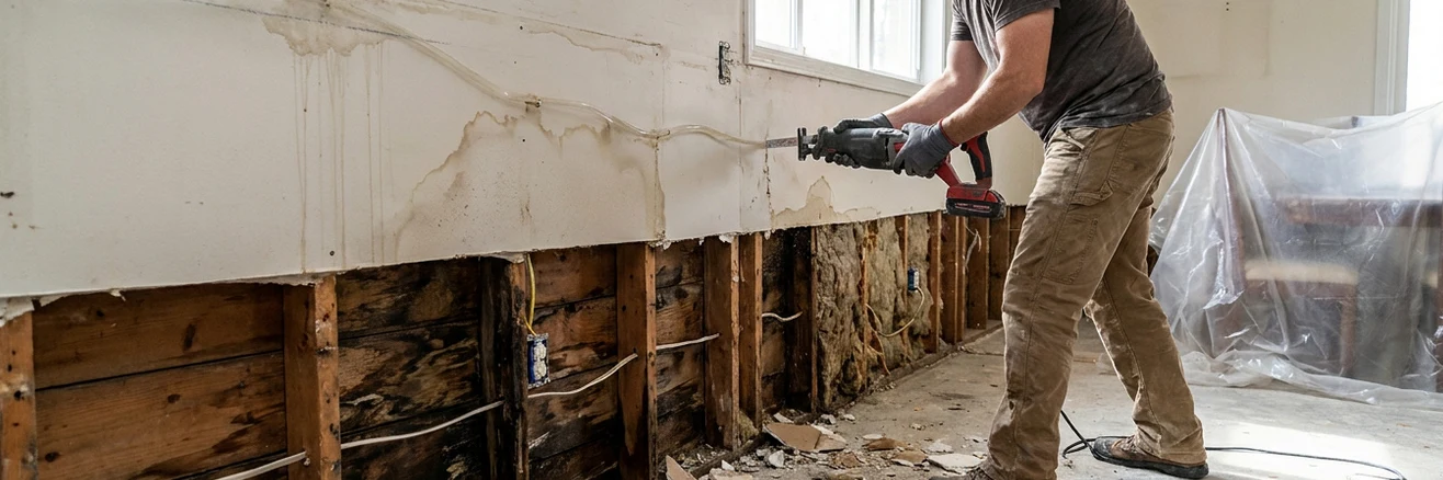Homeowner cutting flood damaged drywall with reciprocating saw
