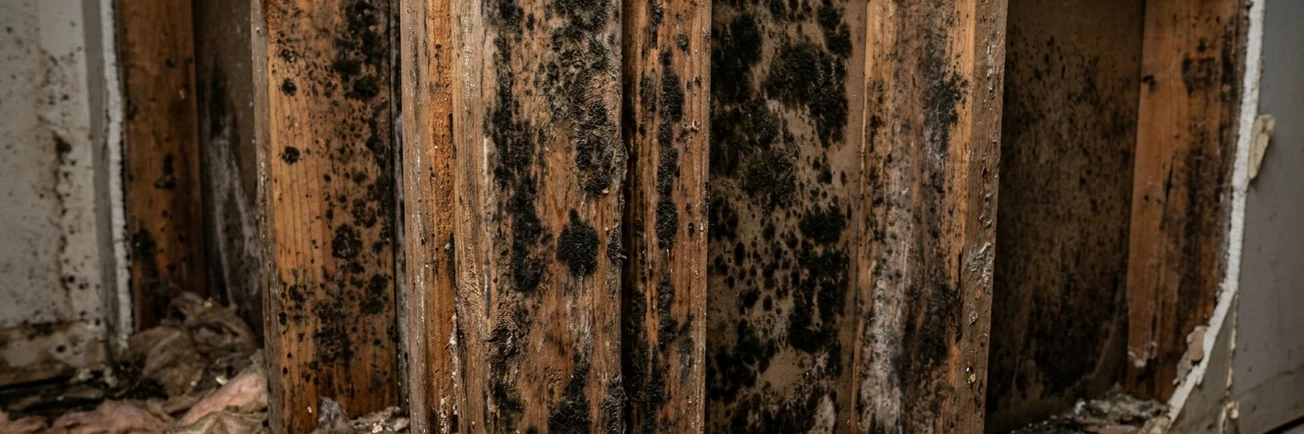 Black mold growing on wood wall studs after hurricane flood damage